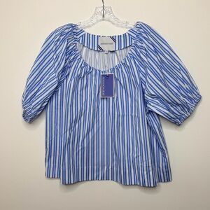 ADDISON BAY Preppy Blue Striped Puff Sleeve Loose Flowy Blouse Sz SMALL NWT $128